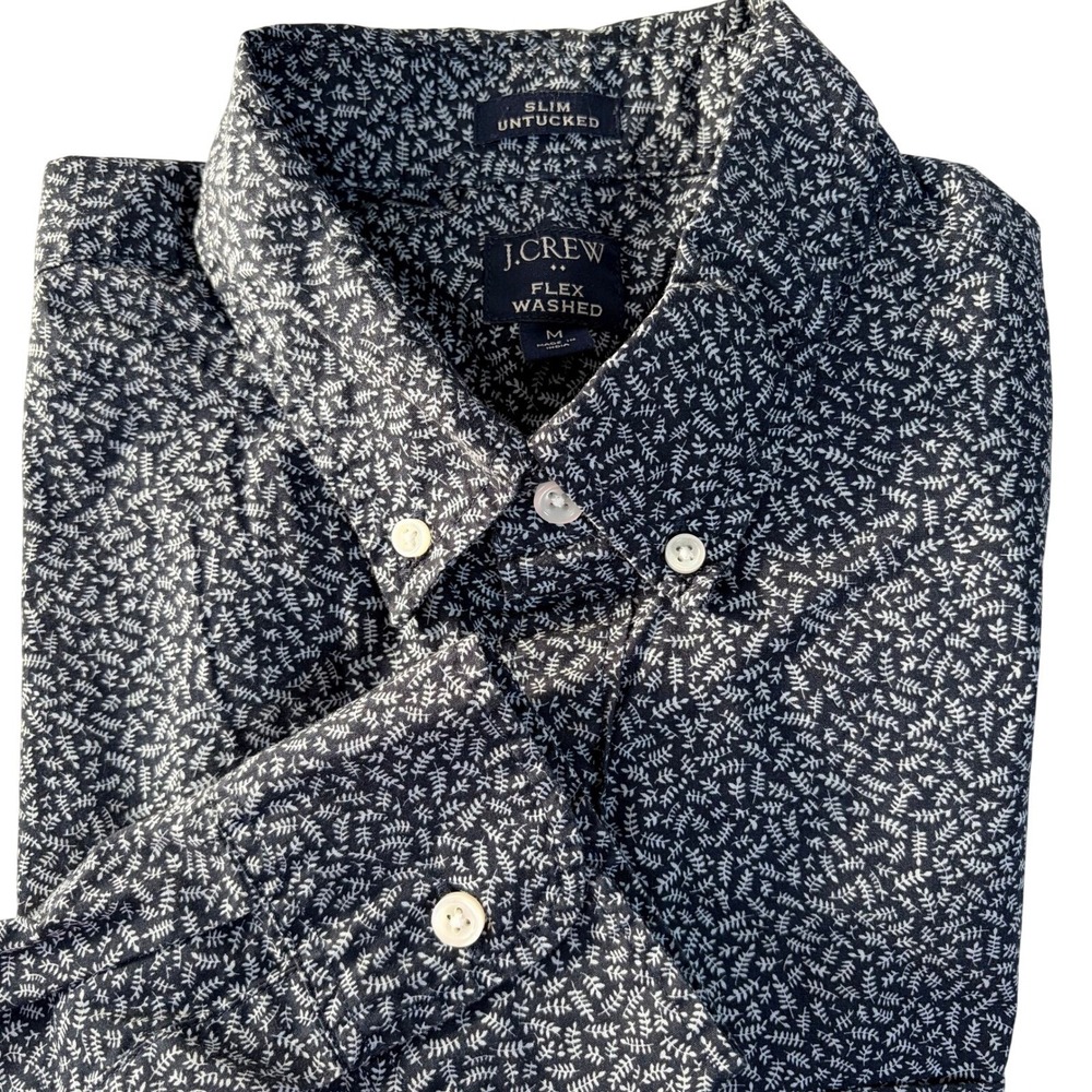 J.Crew Flex Washed AOP Mens Navy Blue Slim Untucked Leaf Print Shirt Size M EUC